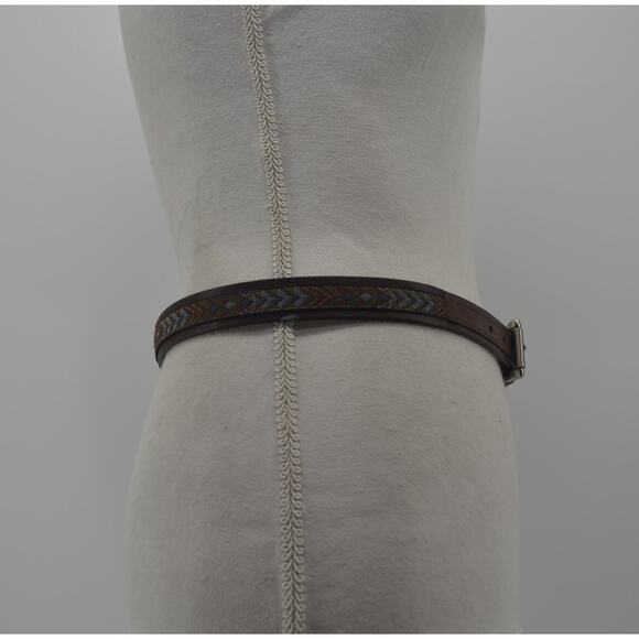 Women's Brown Leather Belt Textile Multicolored Accent Large - Picture 7 of 9